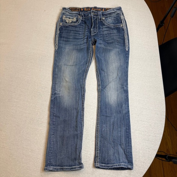 Mens rock revival Jeans Straight Leg Embellished Detail Blue Wash Size 32x30 Y2K